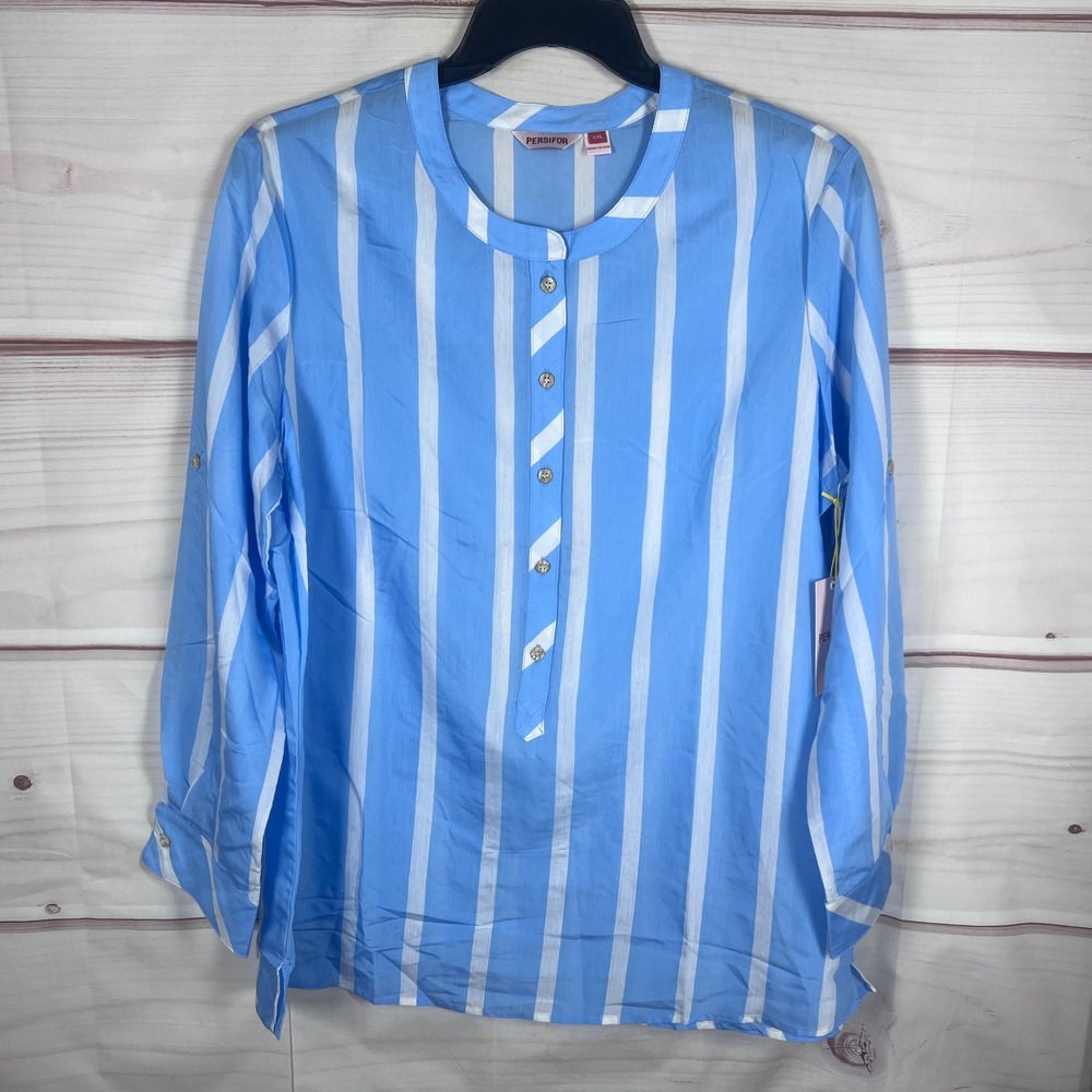 Persifor Blouse Women XXL Blue Striped Freya Long Sleeve Henley Tunic Top Preppy